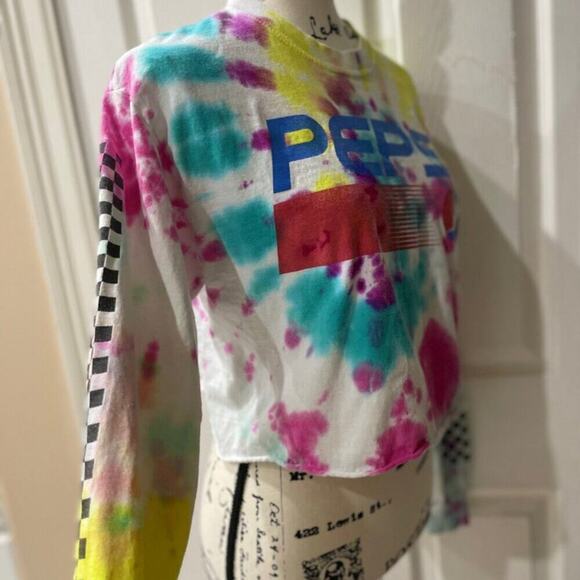 PEPSI TIE DYE CROPPED T-SHIRT LONG SLEEVE SZ MEDIUM 100% COTTON RETRO AESTHETIC - Picture 9 of 16